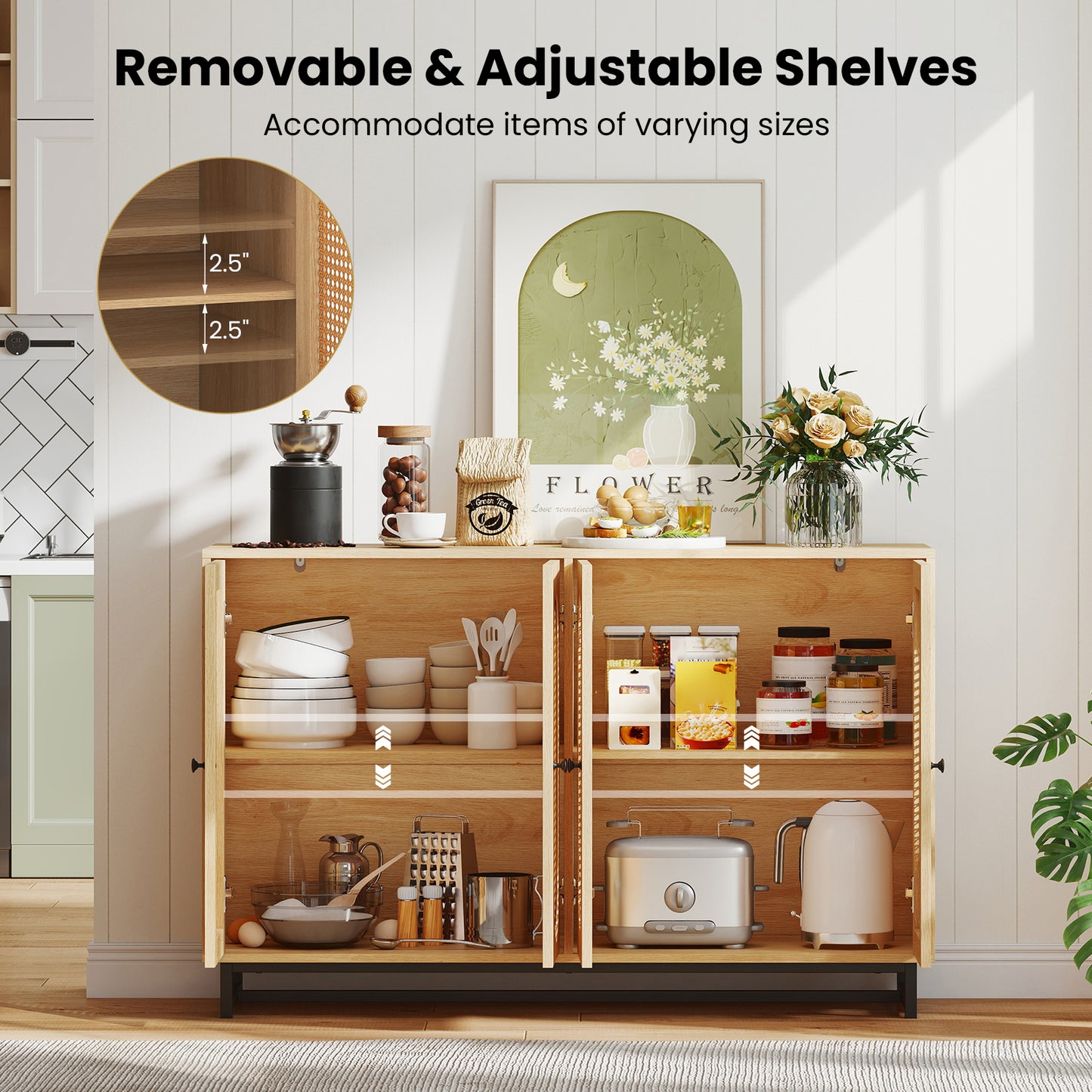 50 Inch Buffet Sideboard Cabinet, 4 Rattan Doors, Adjustable Shelves, Natural Sideboards Cabinets & Buffets at Gallery Canada