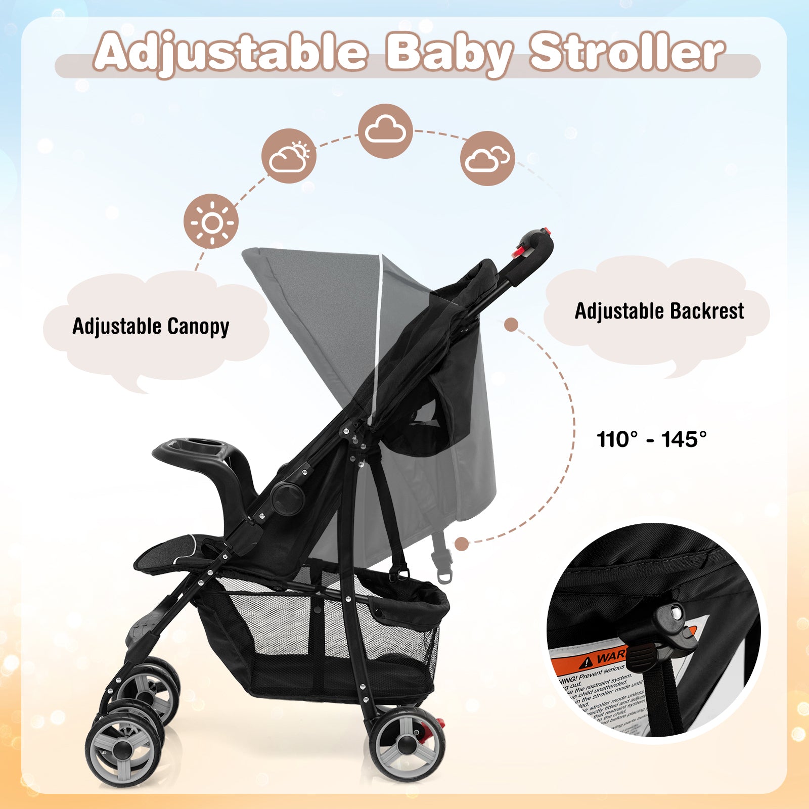 Toddler Travel Stroller for Airplane with Canopy and Adjustable Backrest, Black Baby Strollers at Gallery Canada
