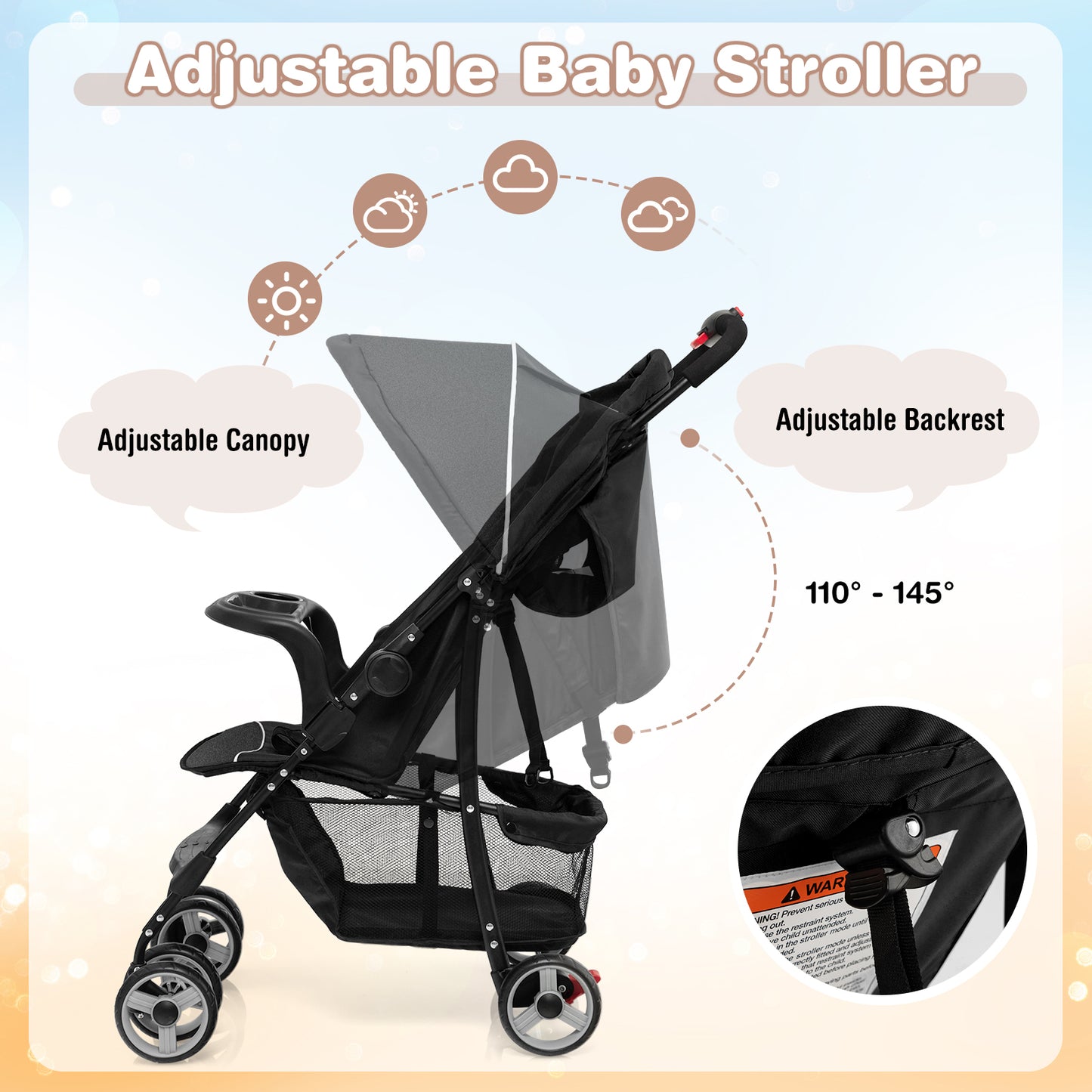 Toddler Travel Stroller for Airplane with Canopy and Adjustable Backrest, Black Baby Strollers at Gallery Canada