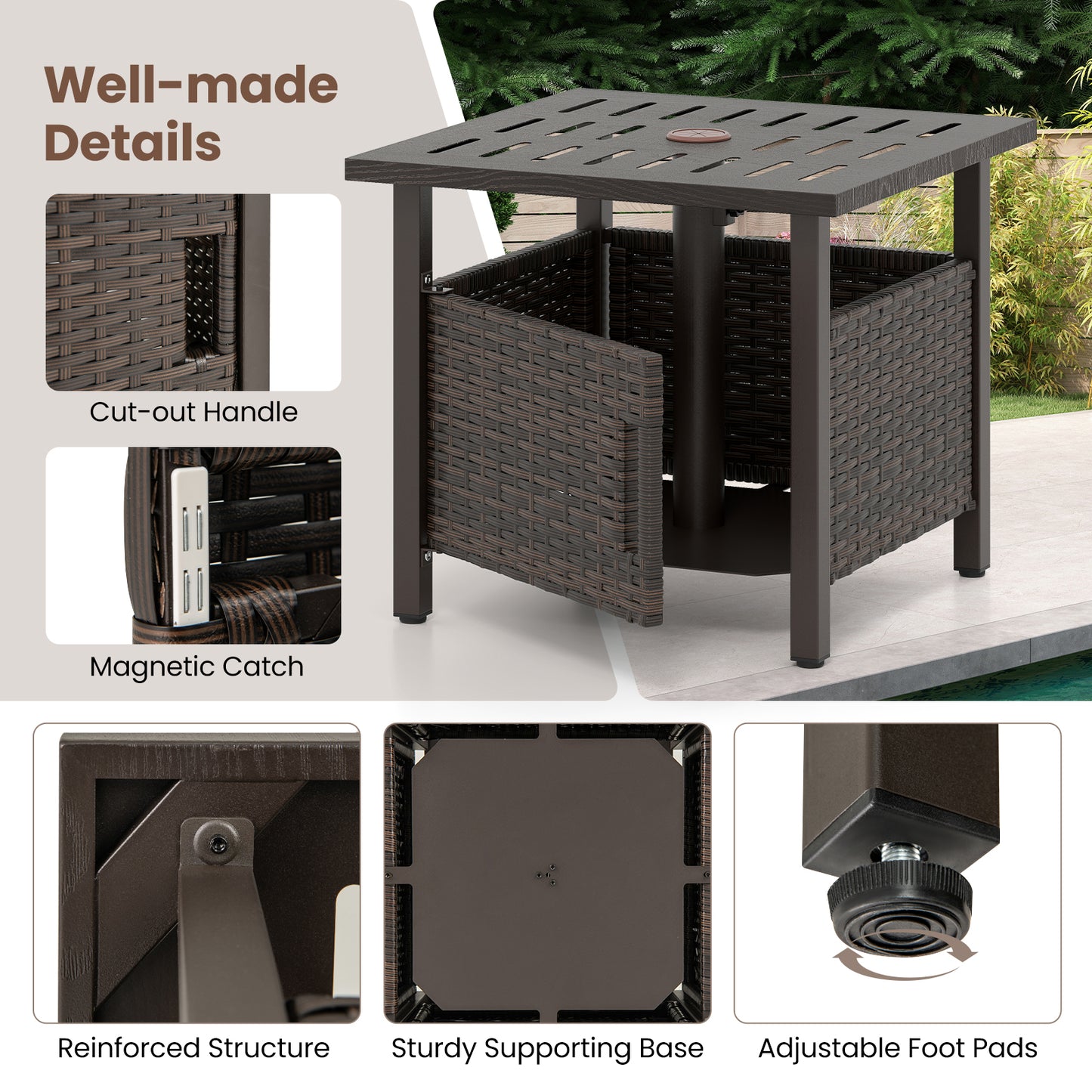 Outdoor Side Table, 1.93" Umbrella Hole, All-Weather PE Wicker, Brown Patio Coffee Tables at Gallery Canada