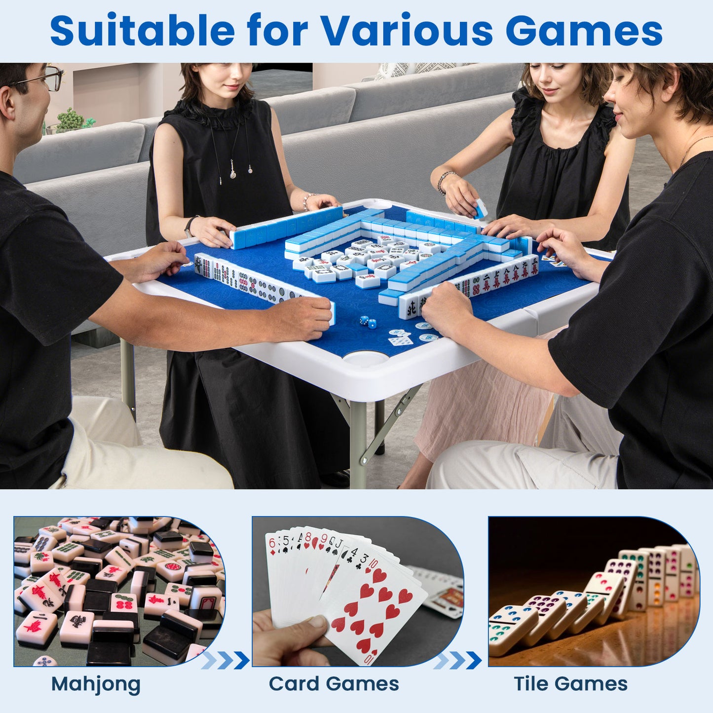 35 Inch 4 Player Folding Mahjong Table, With Cup Holders, Navy Game Room at Gallery Canada