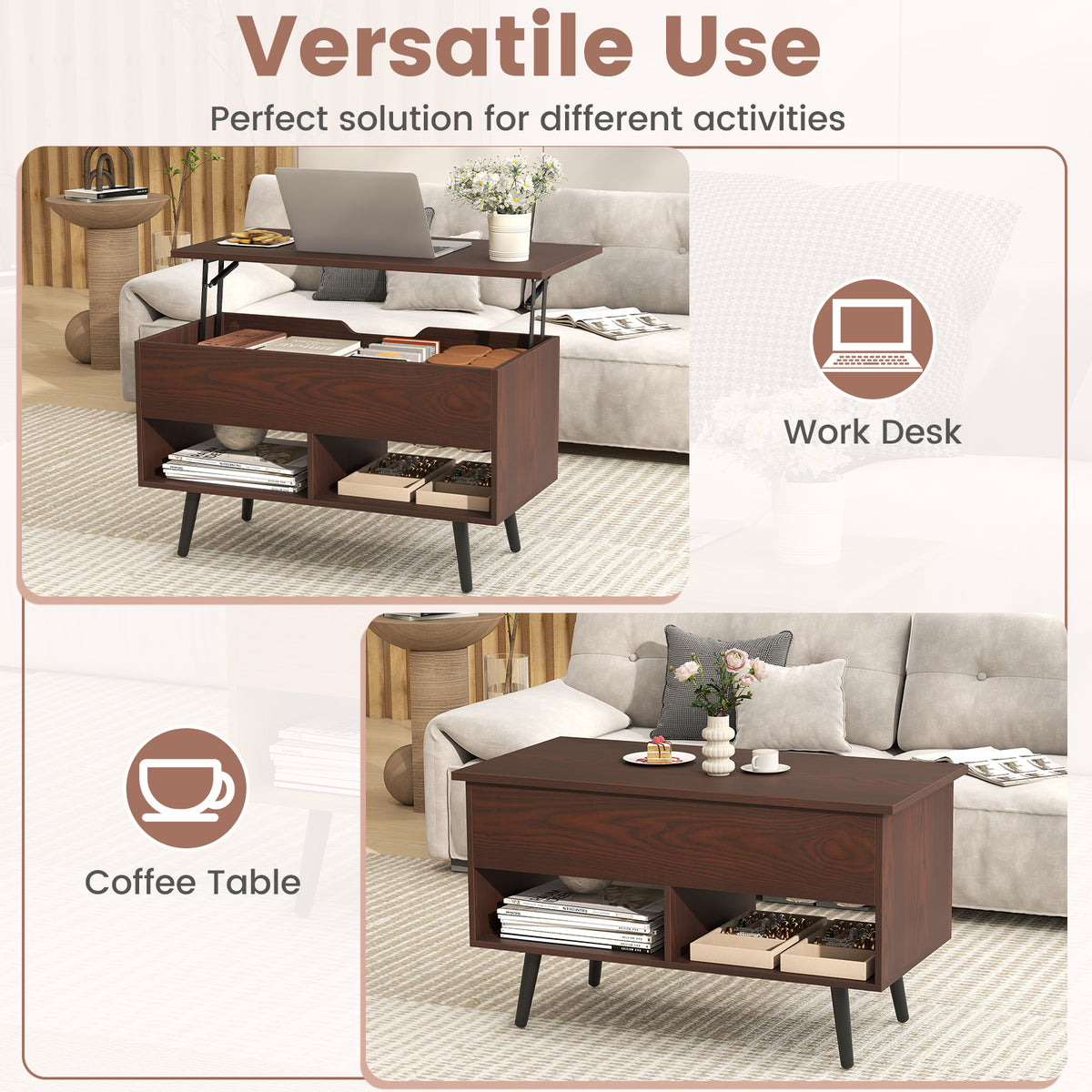 31.5 Inch Lift-Top Coffee Table, Hidden Storage, 2 Open Shelves, Brown Living Room at Gallery Canada