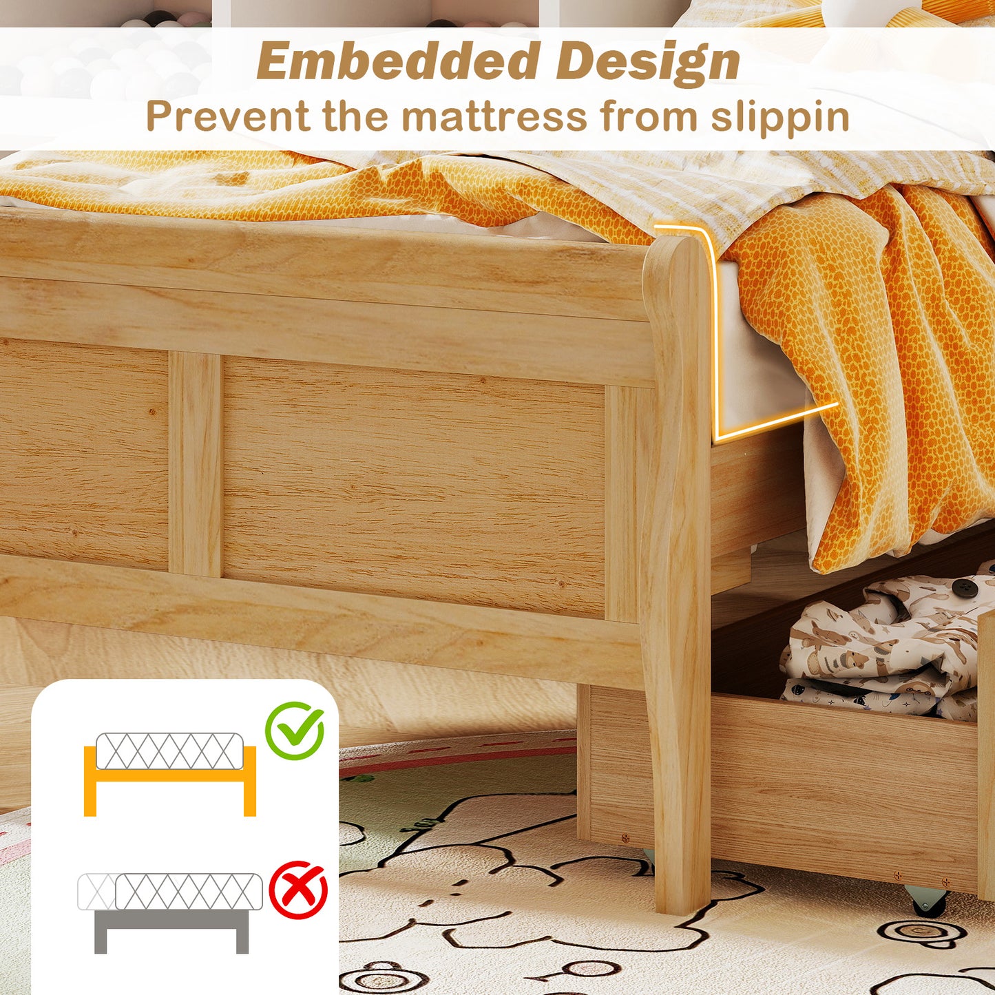 Twin Sleigh Bed With 2 Storage Drawers, Wood Platform Frame, Natural Simple Bed Frame at Gallery Canada