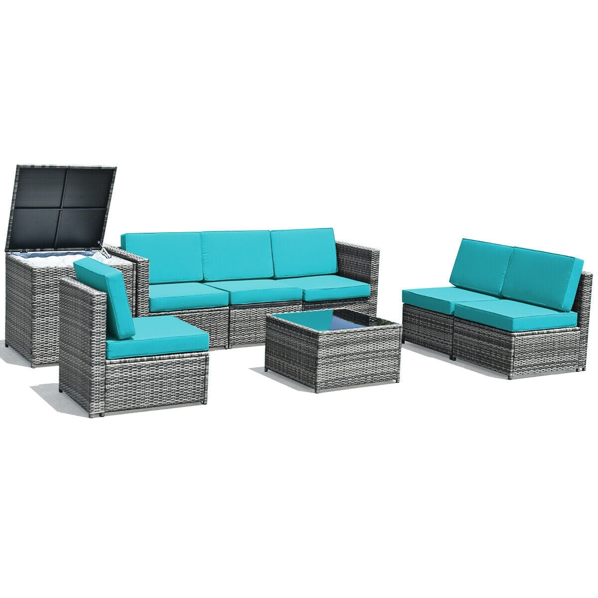 8 Piece Wicker Sofa Rattan Dinning Set Patio Furniture with Storage Table, Turquoise Outdoor Sectionals at Gallery Canada