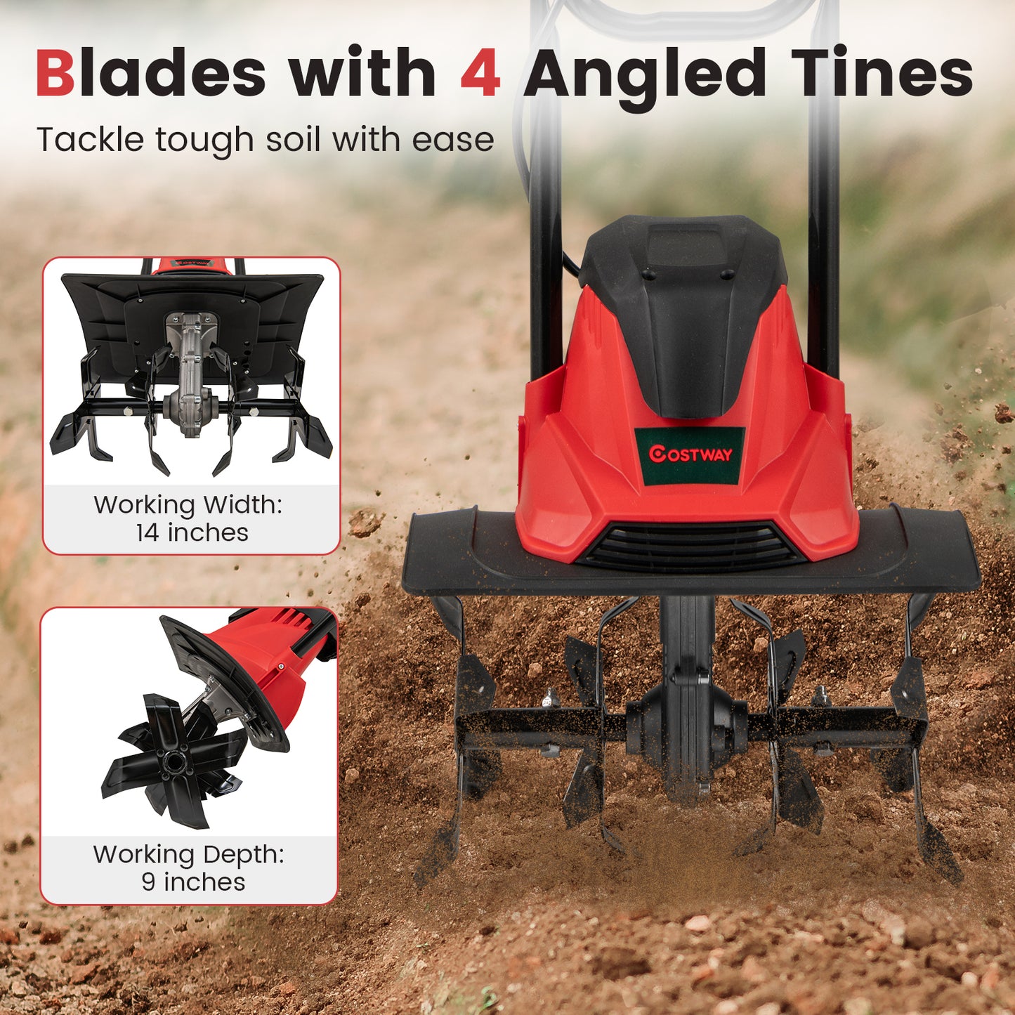 10 Amp Powerful Corded Electric Tiller Cultivator with Safety Lock, Red Lawn Care Tools at Gallery Canada