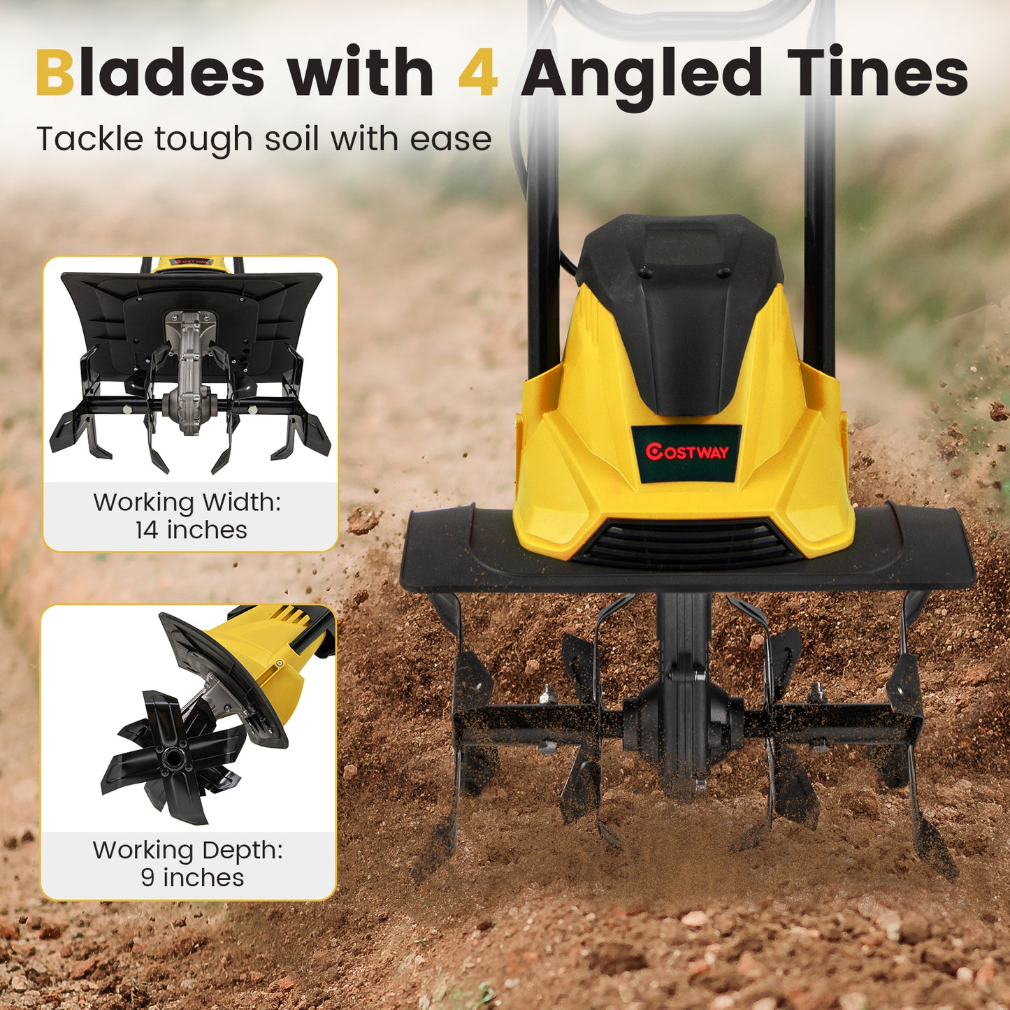 10 Amp Powerful Corded Electric Tiller Cultivator with Safety Lock, Yellow Lawn Care Tools at Gallery Canada