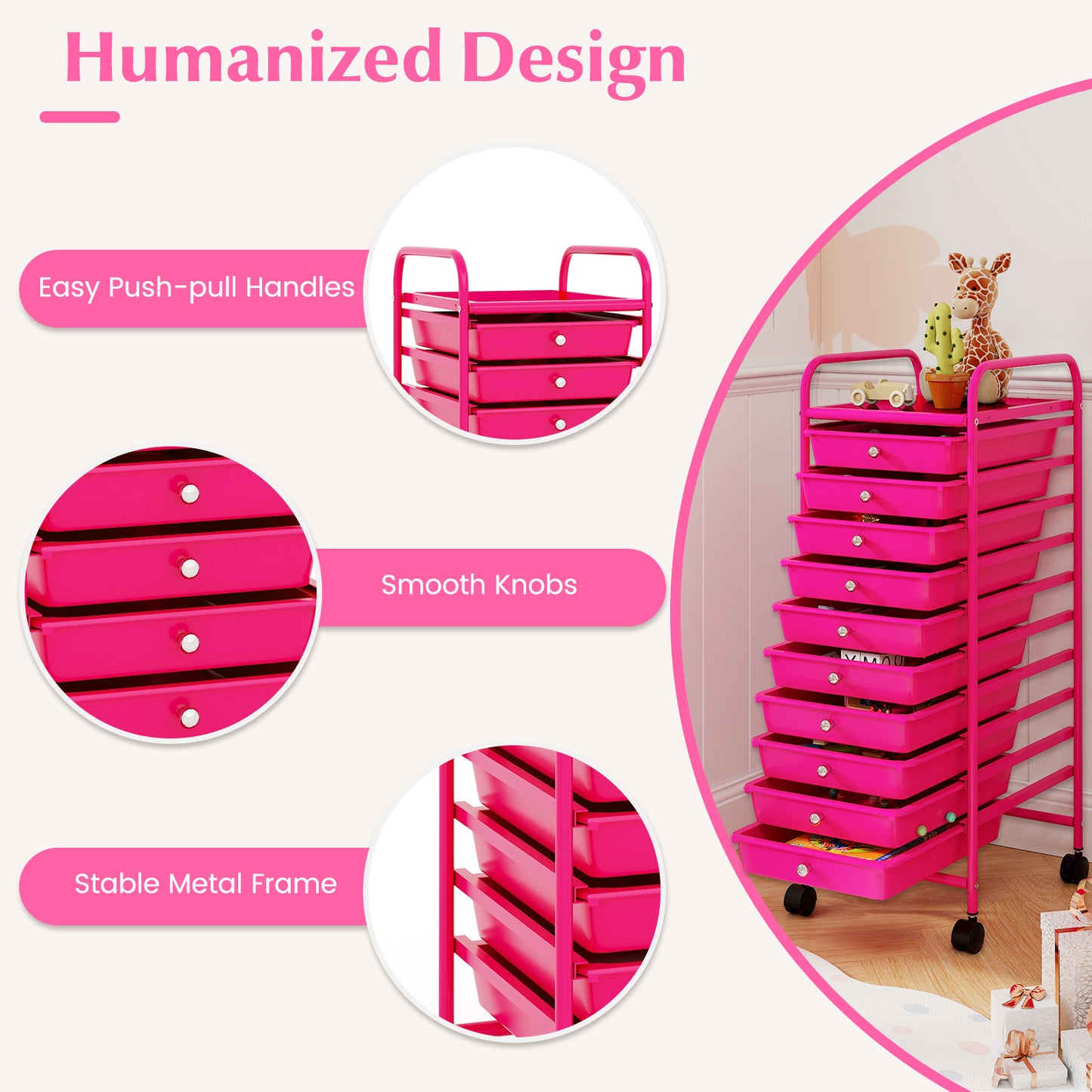 10 Drawer Rolling Storage Cart Organizer with 4 Universal Casters, Pink File Cabinets at Gallery Canada