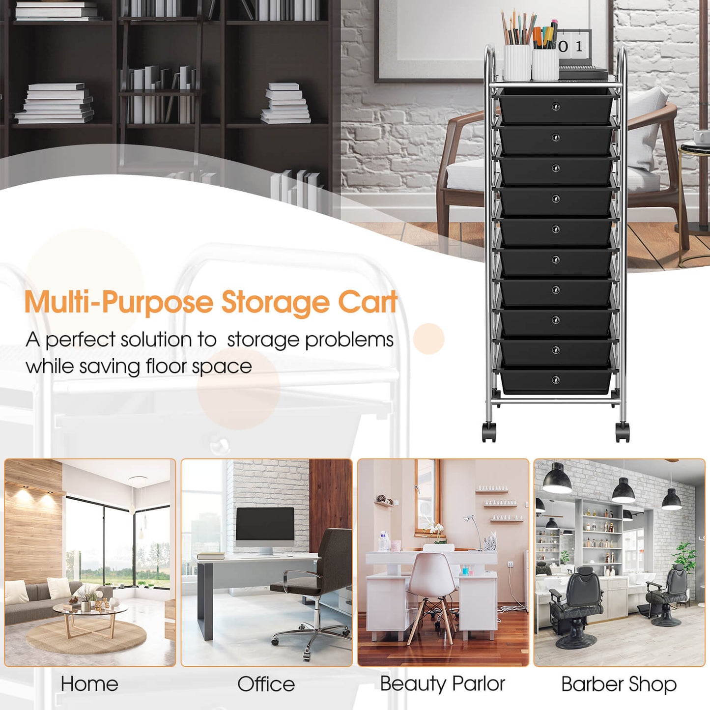 10 Drawer Rolling Storage Cart Organizer, Black File Cabinets at Gallery Canada
