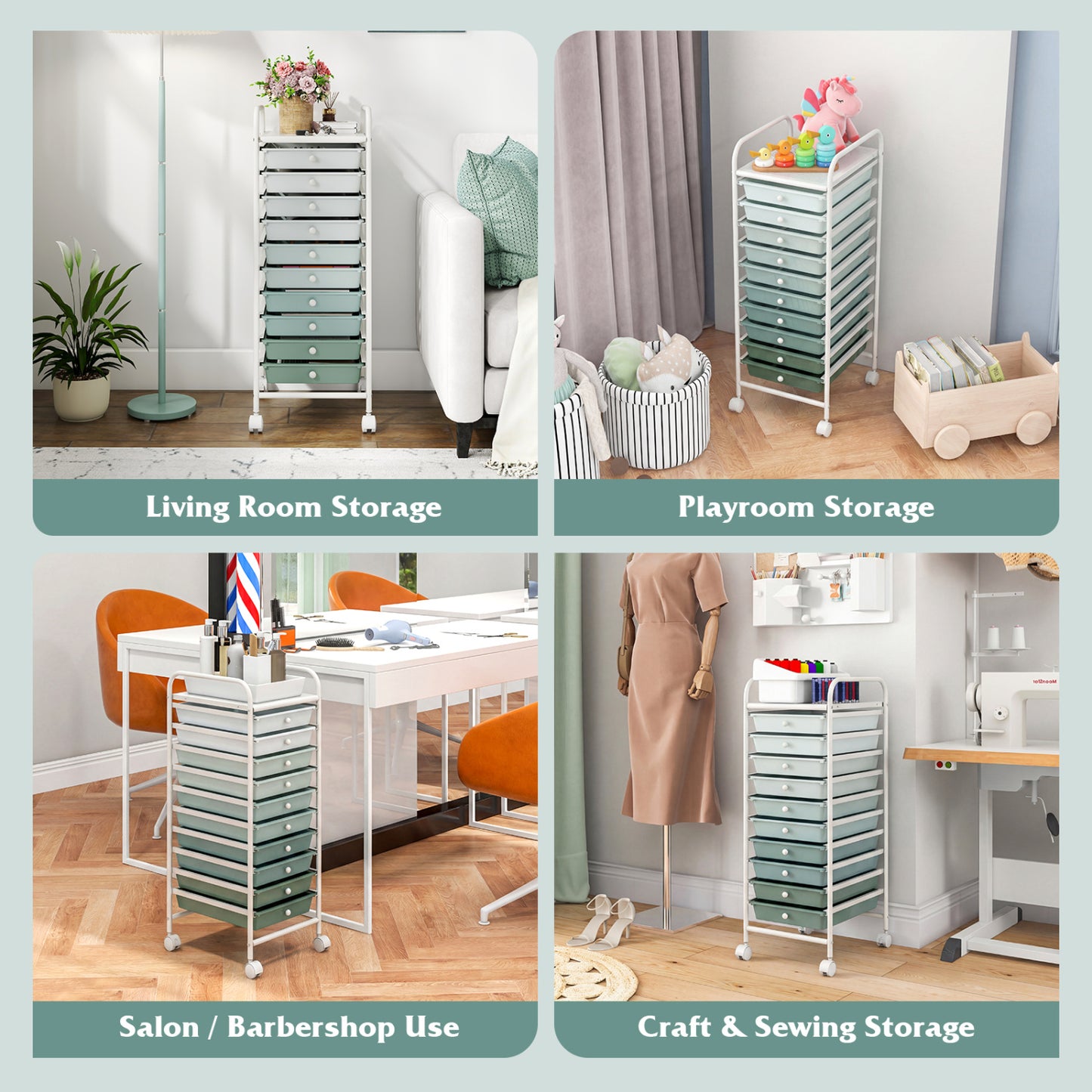 10 Drawer Rolling Storage Cart Organizer, Green File Cabinets at Gallery Canada