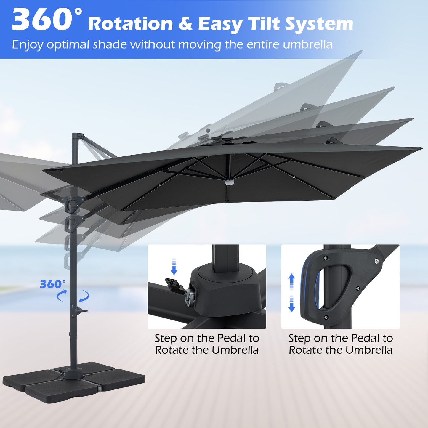 10 FT Cantilever Patio Umbrella With Solar LED Lights, Gray Outdoor Umbrellas at Gallery Canada
