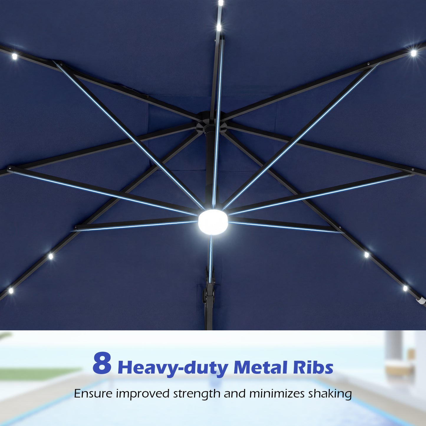 10 FT Cantilever Patio Umbrella, Solar LED Lights, Blue Outdoor Umbrellas at Gallery Canada