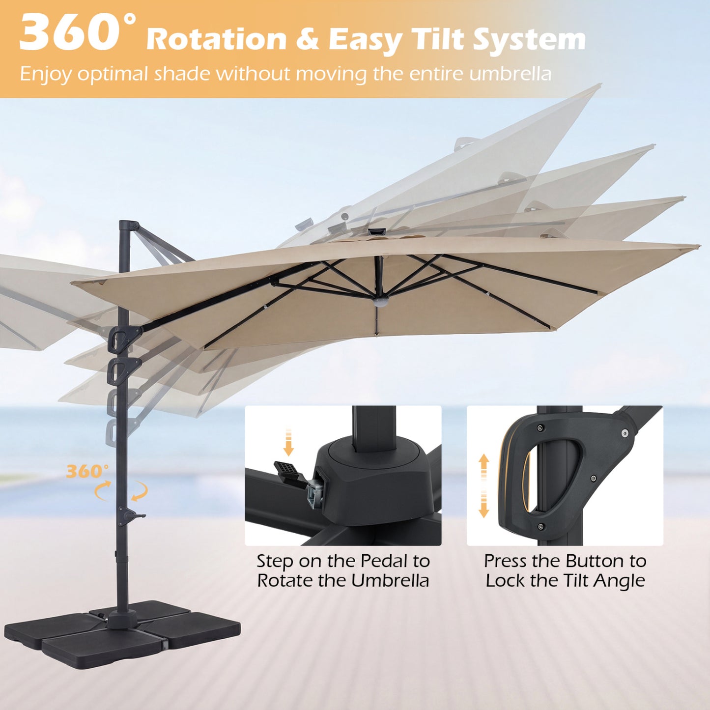 10 FT Cantilever Patio Umbrella with 32 Solar LED Lights and 220 LBS Bas, Beige Outdoor Umbrellas at Gallery Canada