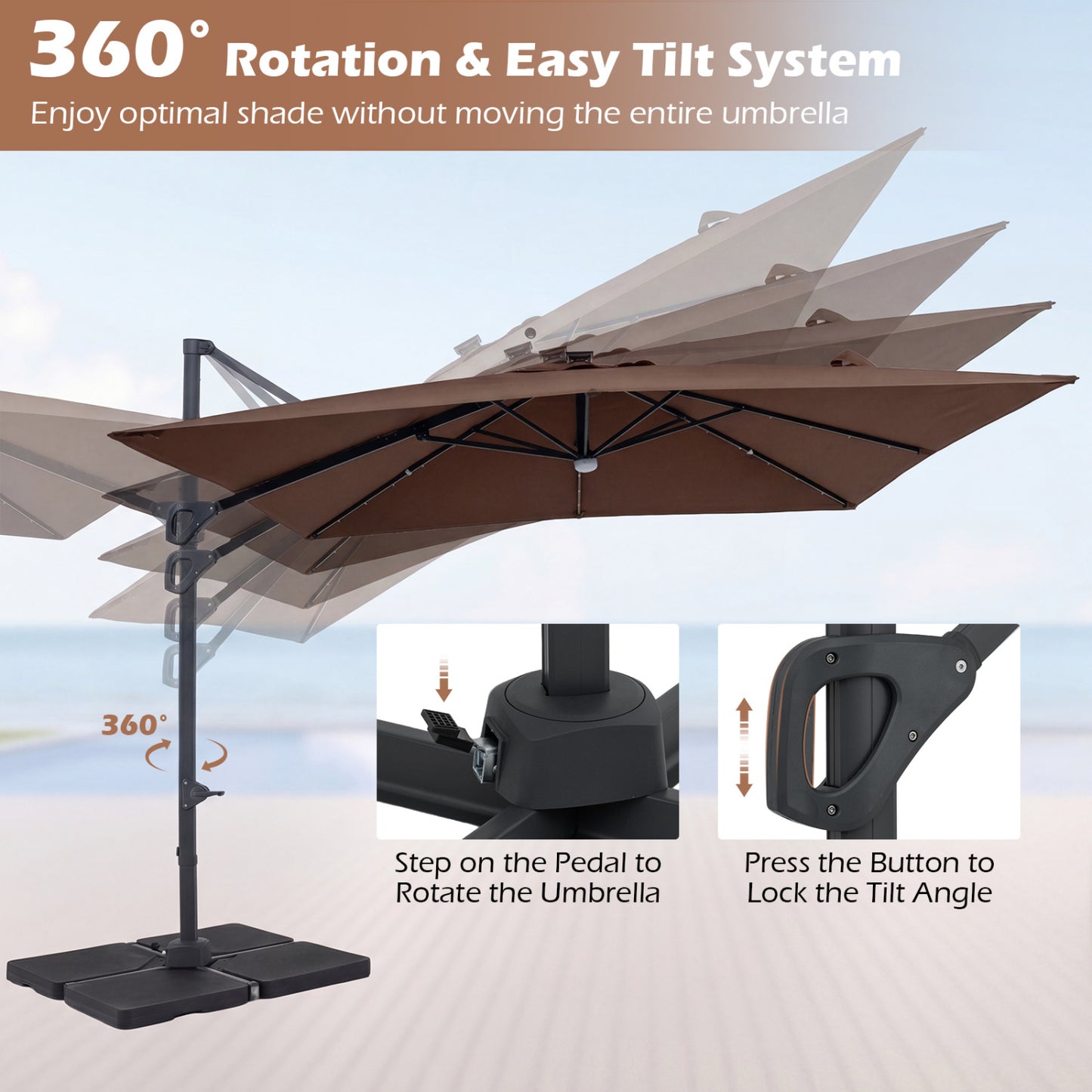 10 FT Cantilever Patio Umbrella with 32 Solar LED Lights and 220 LBS Bas, Brown Outdoor Umbrellas at Gallery Canada