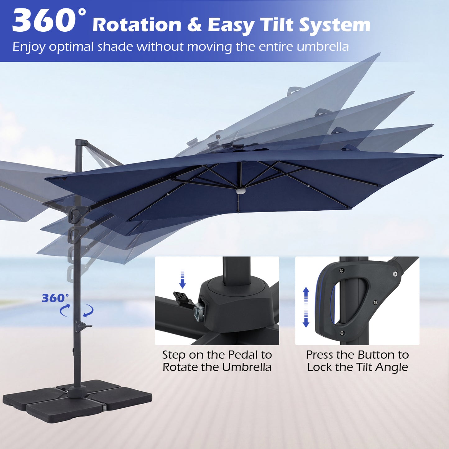 10 FT Cantilever Patio Umbrella with 32 Solar LED Lights and 220 LBS Bas, Dark Blue Outdoor Umbrellas at Gallery Canada