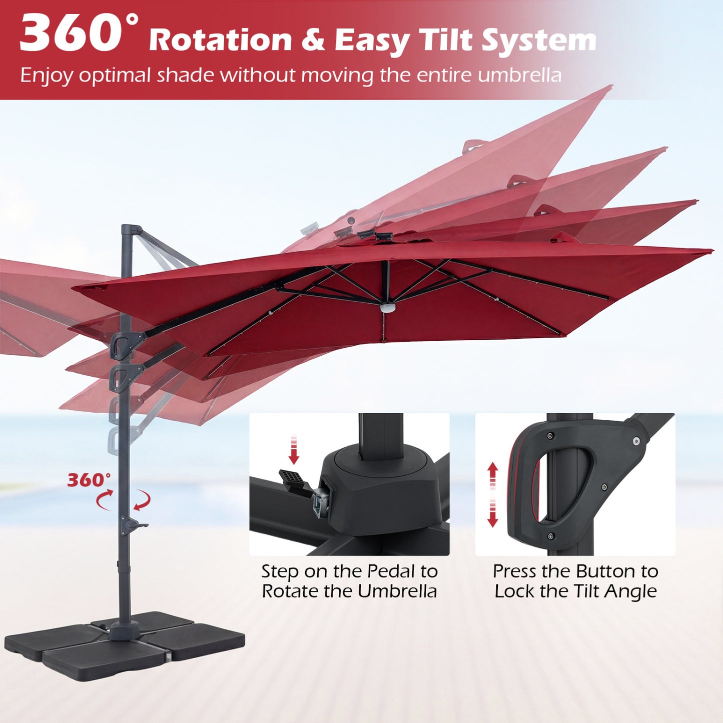 10 FT Cantilever Patio Umbrella with 32 Solar LED Lights and 220 LBS Bas, Red Outdoor Umbrellas at Gallery Canada