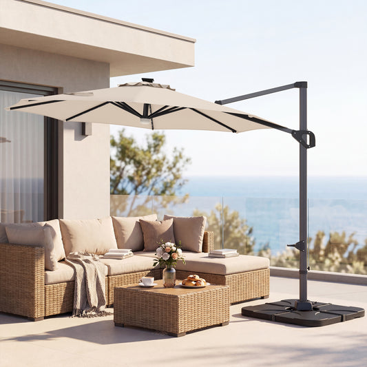 10 FT Cantilever Patio Umbrella with 35 Solar LED Lights and 220 LBS Base, Beige Outdoor Umbrellas Beige at Gallery Canada