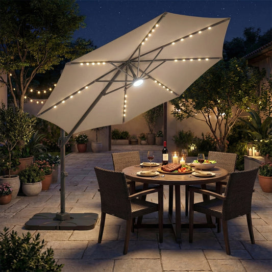 10 FT Cantilever Patio Umbrella with 35 Solar LED Lights and 220 LBS Base, Brown Outdoor Umbrellas Brown at Gallery Canada