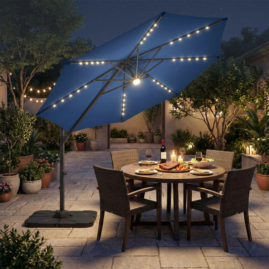 10 FT Cantilever Patio Umbrella with 35 Solar LED Lights and 220 LBS Base, Dark Blue Outdoor Umbrellas Dark Blue at Gallery Canada