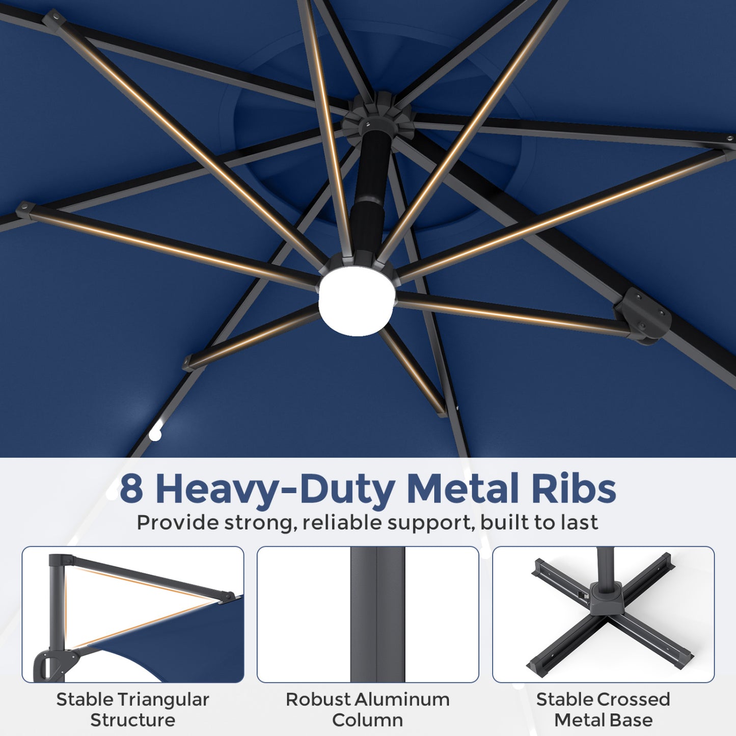 10 FT Cantilever Patio Umbrella with 35 Solar LED Lights and 220 LBS Base, Dark Blue Outdoor Umbrellas at Gallery Canada