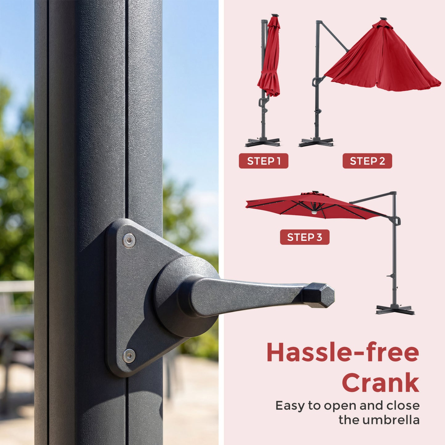 10 FT Cantilever Patio Umbrella with 35 Solar LED Lights and 220 LBS Base, Red Outdoor Umbrellas at Gallery Canada