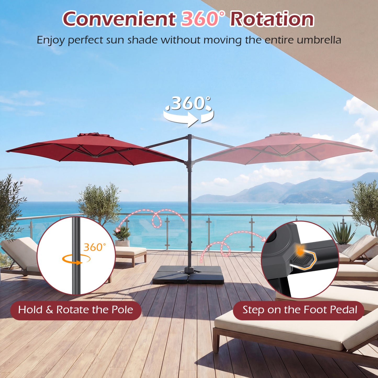 10 FT Patio Cantilever Umbrella, 360° Rotation, Air Vent, Wine Outdoor Umbrellas at Gallery Canada