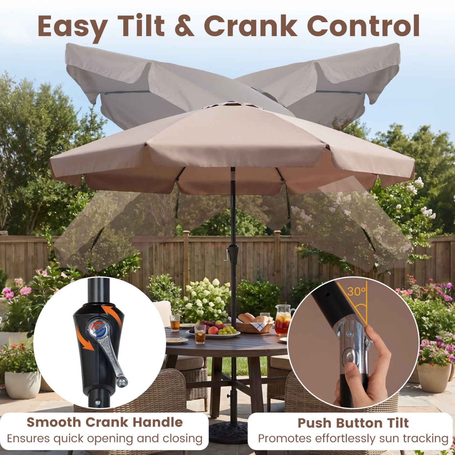 10 FT Scalloped Patio Umbrella with Push Button Tilt and 8 Fiberglass Ribs, Brown Outdoor Umbrellas at Gallery Canada