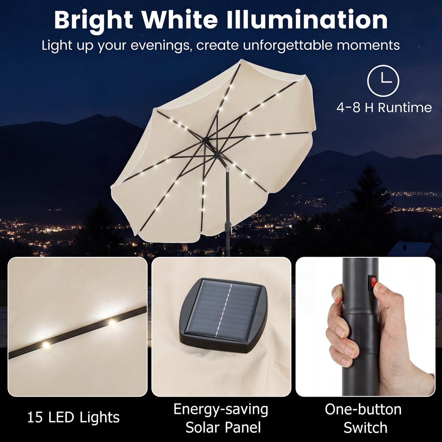 10 FT Scalloped Solar Patio Umbrella With 24 LED Lights, Beige Outdoor Umbrellas at Gallery Canada