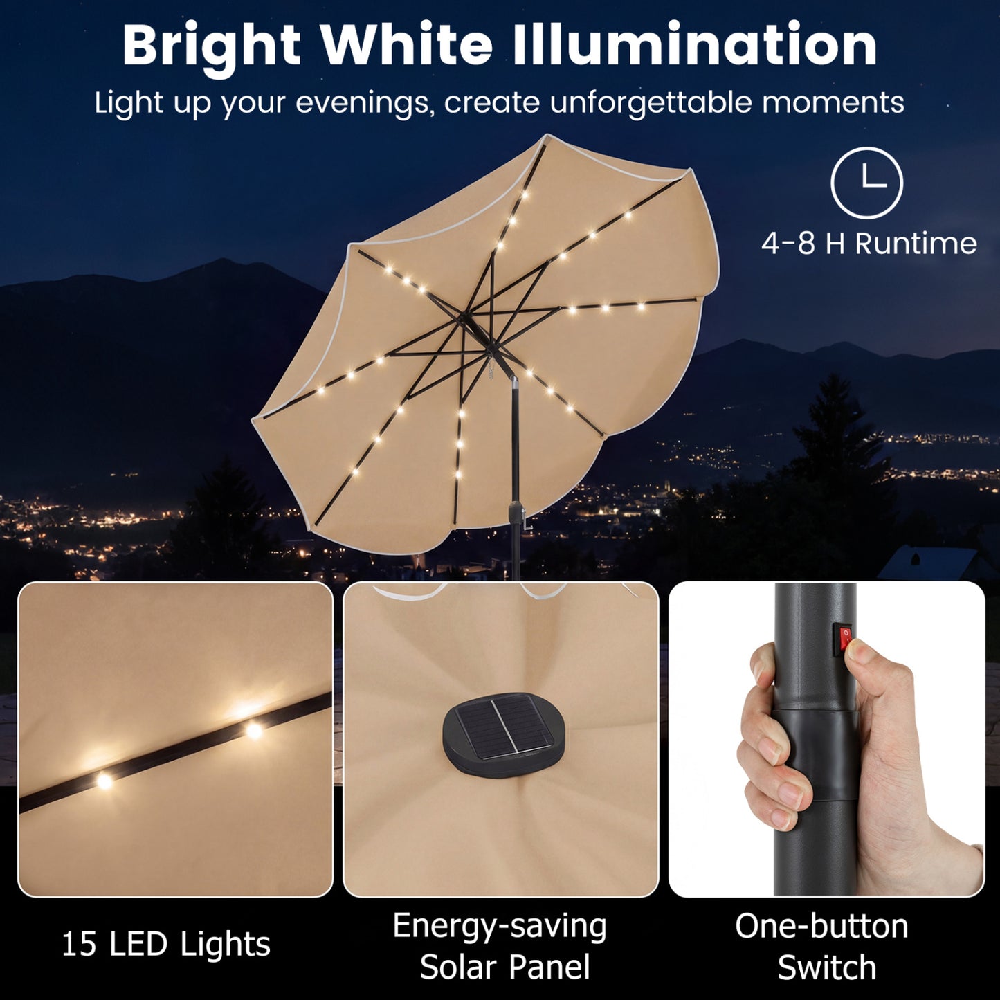10 FT Scalloped Solar Umbrella, 24 LED Lights, Tilt, Tan Outdoor Umbrellas at Gallery Canada