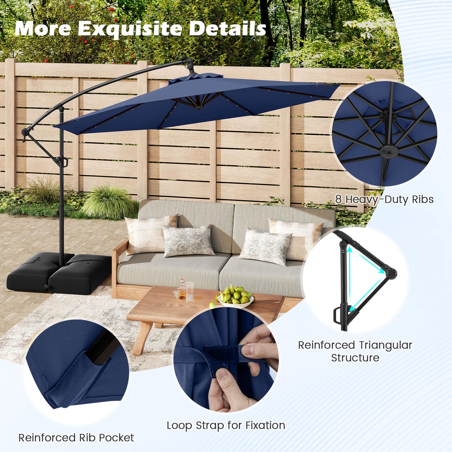 10 Feet Solar Offset Hanging Umbrella with Base and 32 LED Lights, Navy Outdoor Umbrellas at Gallery Canada