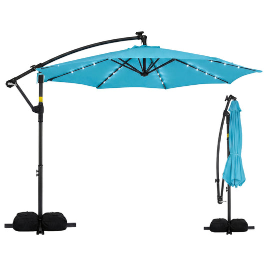 10 Feet Solar Offset Hanging Umbrella with Base and 32 LED Lights, Turquoise Outdoor Umbrellas Turquoise at Gallery Canada