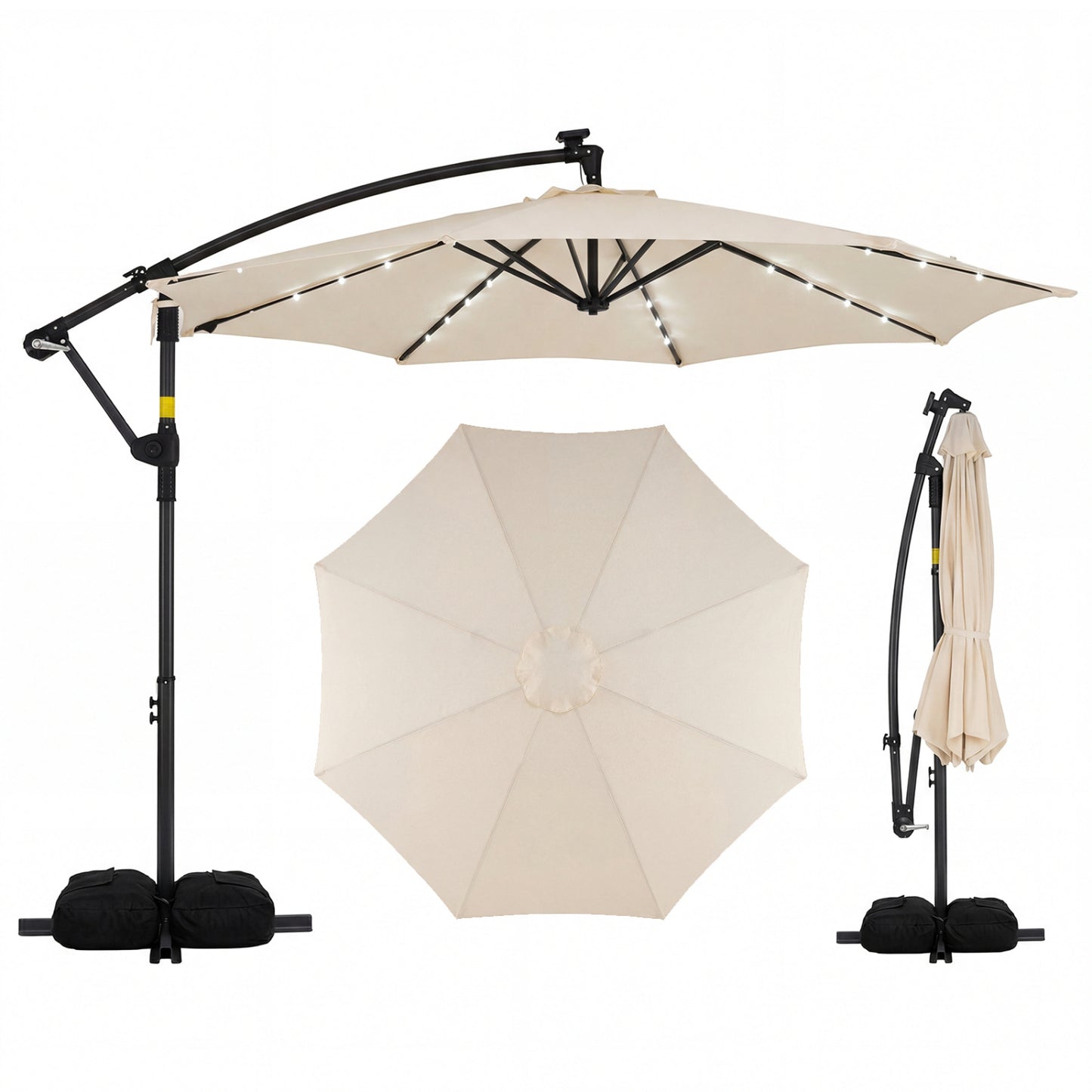 10 Feet Solar Offset Hanging Umbrella With Base And 32 LED Lights, Beige Outdoor Umbrellas at Gallery Canada