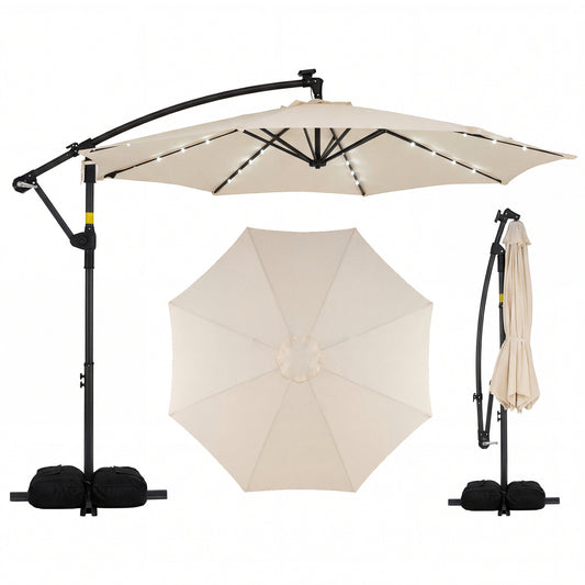 10 Feet Solar Offset Hanging Umbrella With Base And 32 LED Lights, Beige Outdoor Umbrellas Beige at Gallery Canada