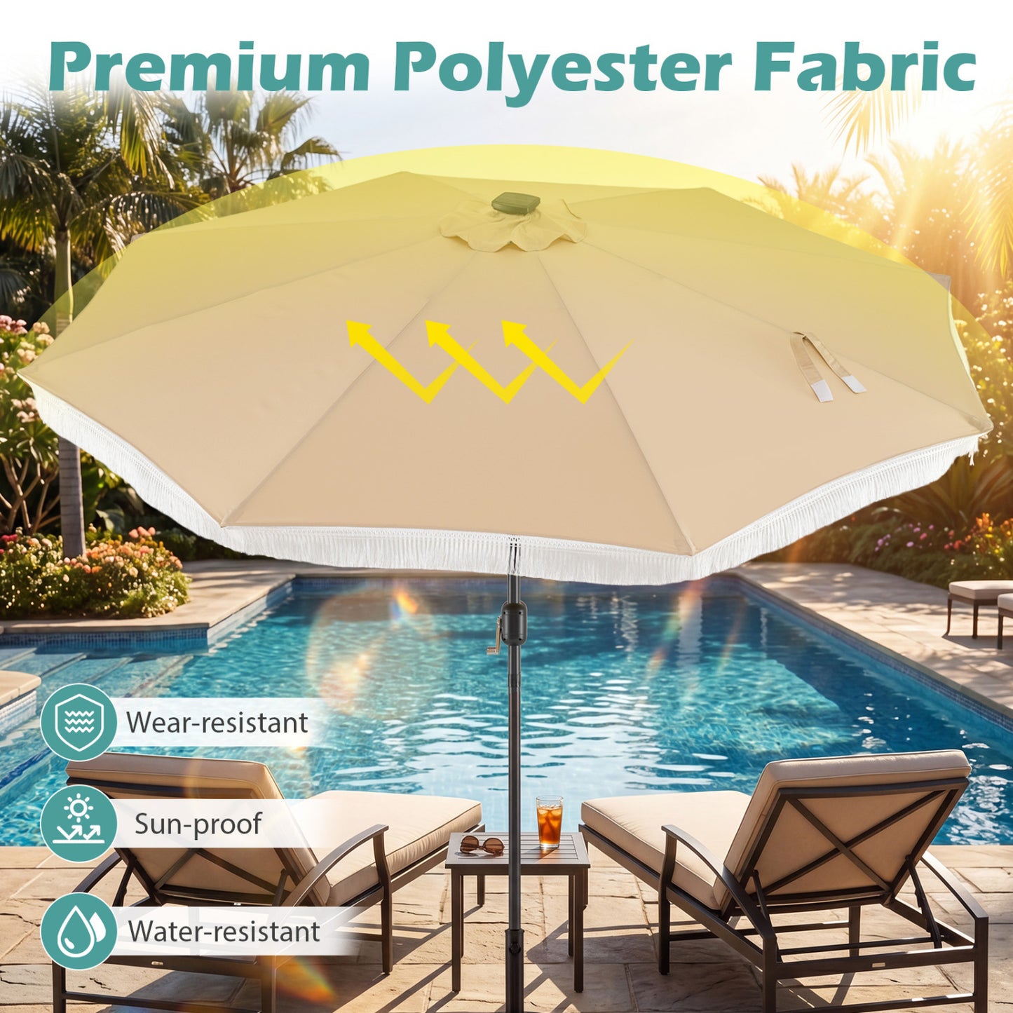 10 Ft Solar Patio Umbrella with 24 LED Lights, Beige Outdoor Umbrellas at Gallery Canada