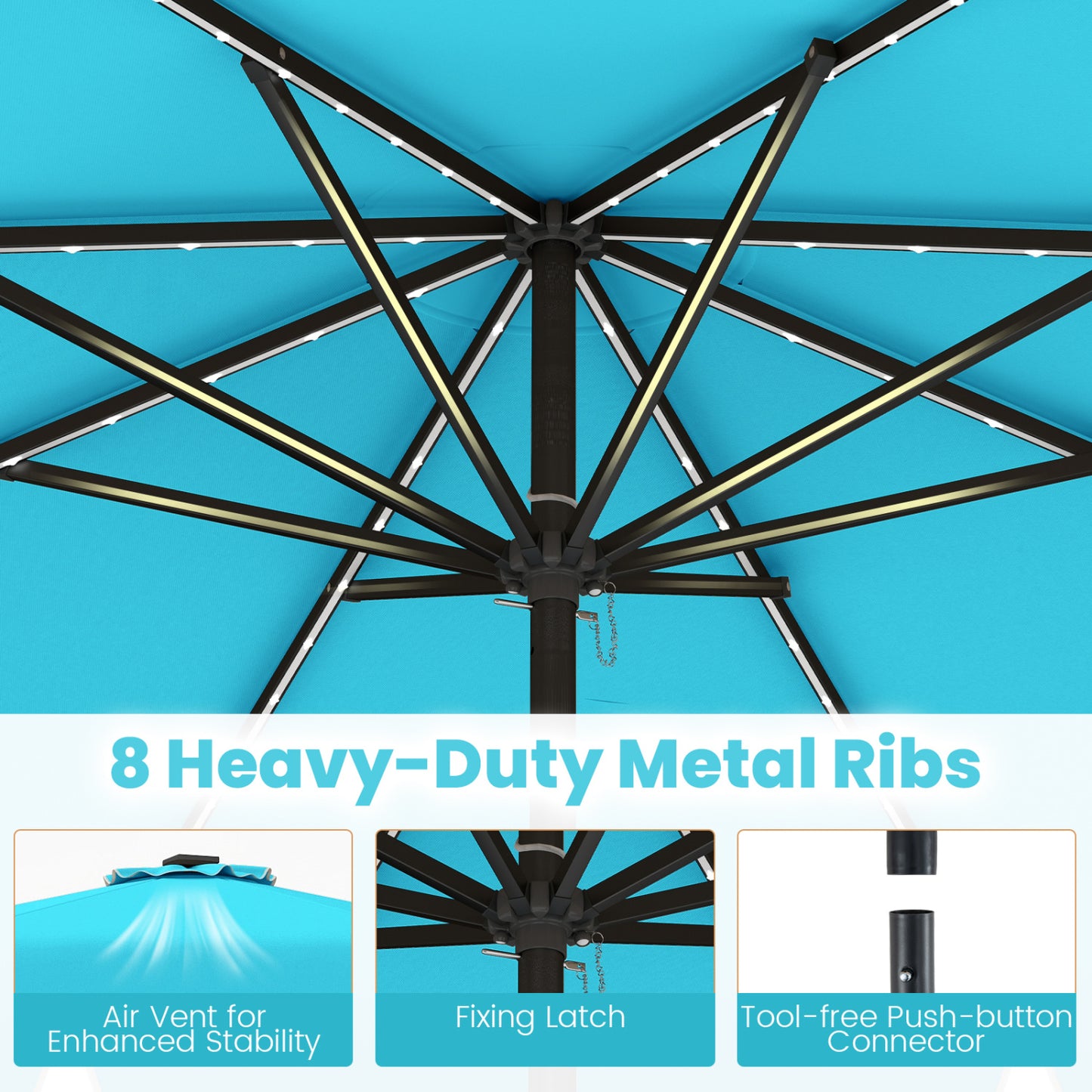 10 Feet Solar Patio Umbrella with Color-Changing LED Lights, Turquoise Outdoor Umbrellas at Gallery Canada