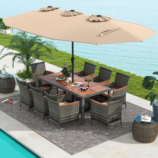 10-Piece Wicker Dining Set, 15-Foot Double-Sided Umbrella, Brown Patio Dining Sets Brown at Gallery Canada