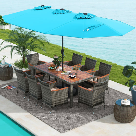 10 Piece Patio Wicker Dining Set, 15 Feet Double-Sided Umbrella, Turquoise Patio Dining Sets Turquoise at Gallery Canada