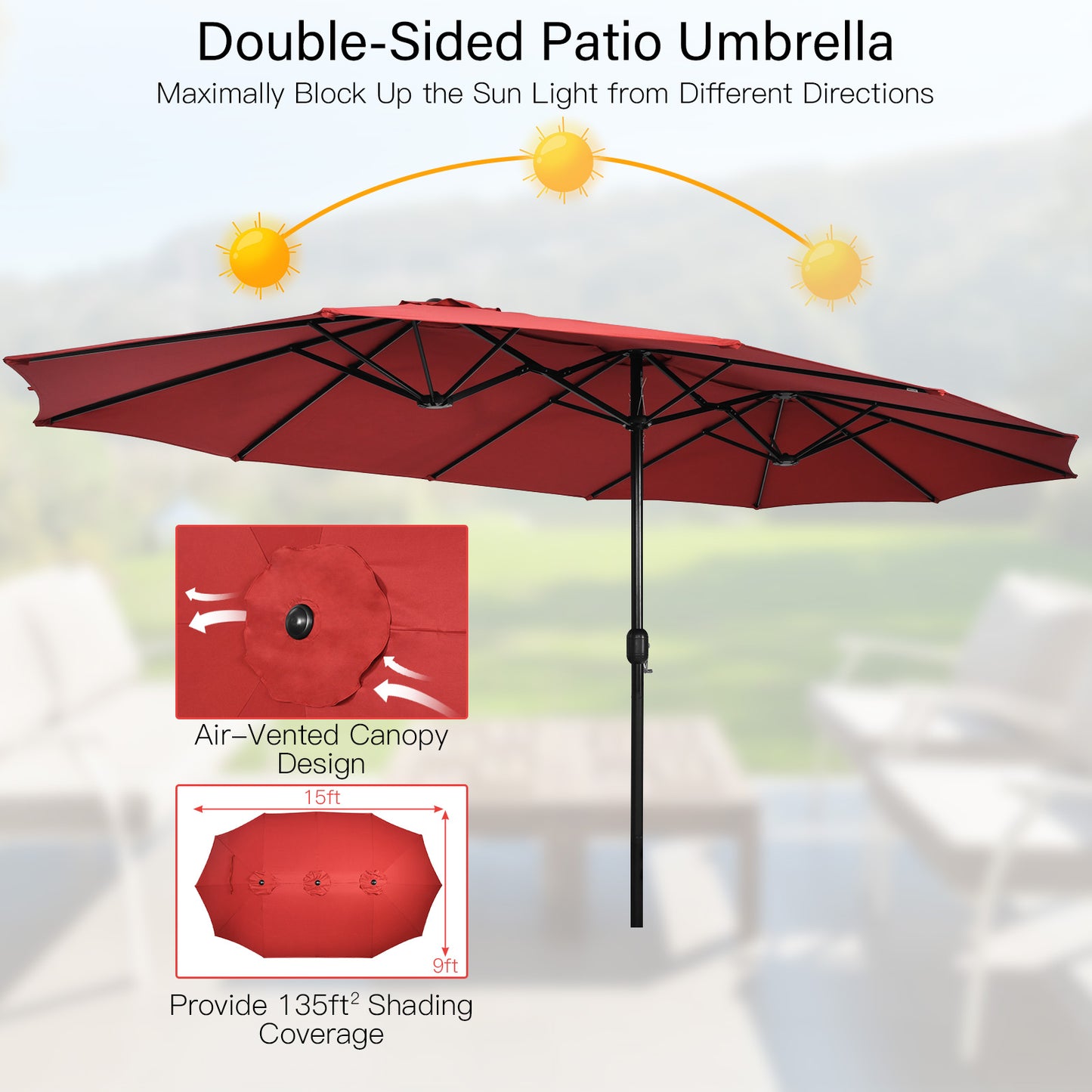 Ensemble de salle à manger en osier 10 pièces, parasol de patio double face 15 pieds, rouge
