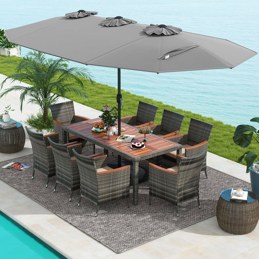 10 Piece Patio Wicker Dining Set, 15 Feet Double-Sided Umbrella, Gray Patio Dining Sets Gray at Gallery Canada