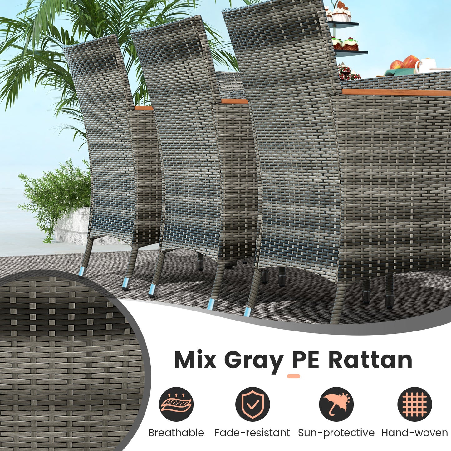 Ensemble de salle à manger en osier pour terrasse de 10 pièces, parasol double face de 15 pieds, gris