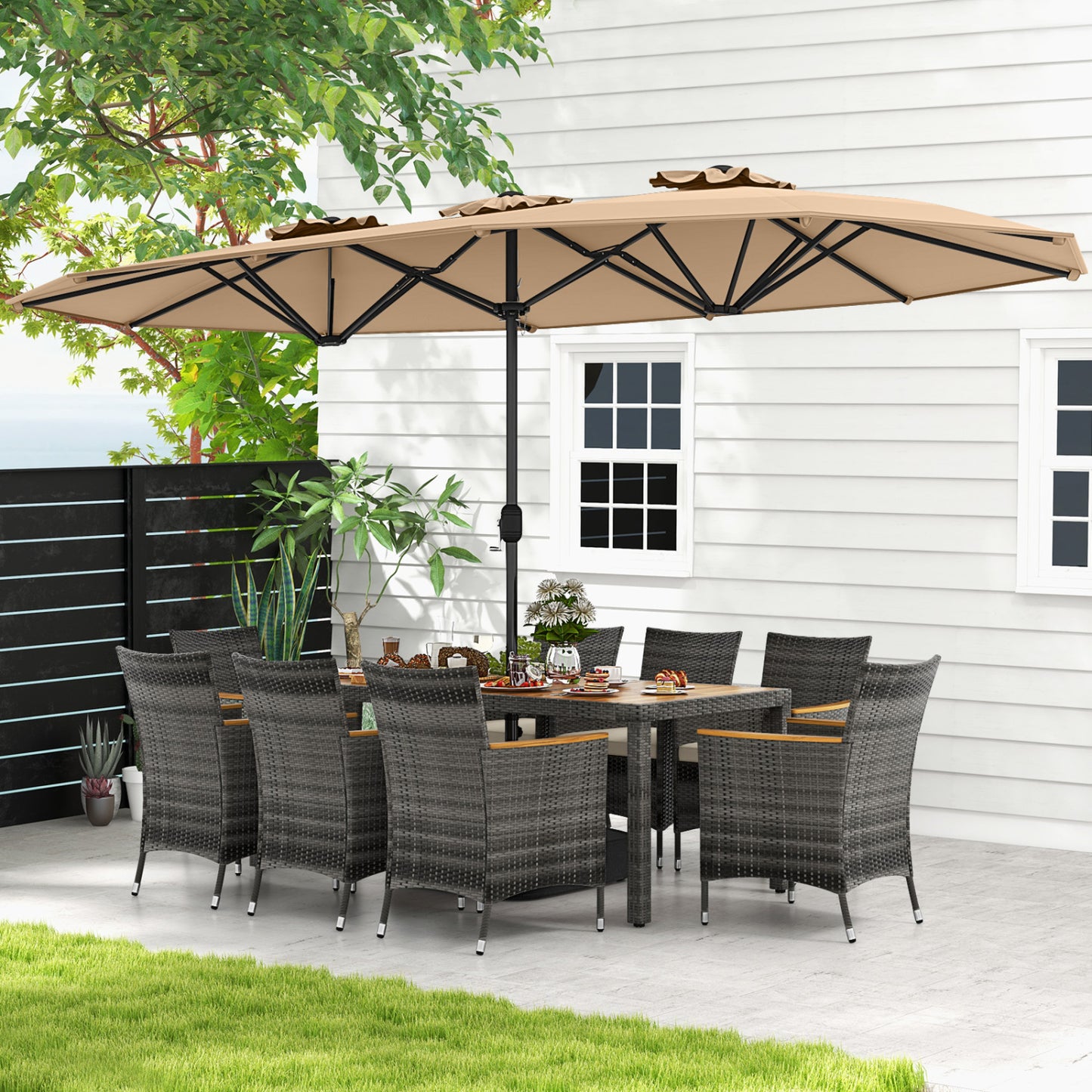 Ensemble de salle à manger en osier 10 pièces, parasol double face 15 pieds, marron