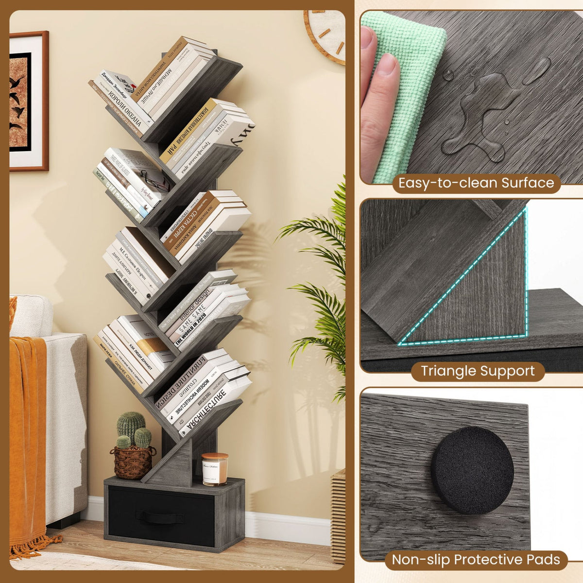 10-Tier Bookshelf With Drawer, Black & Gray