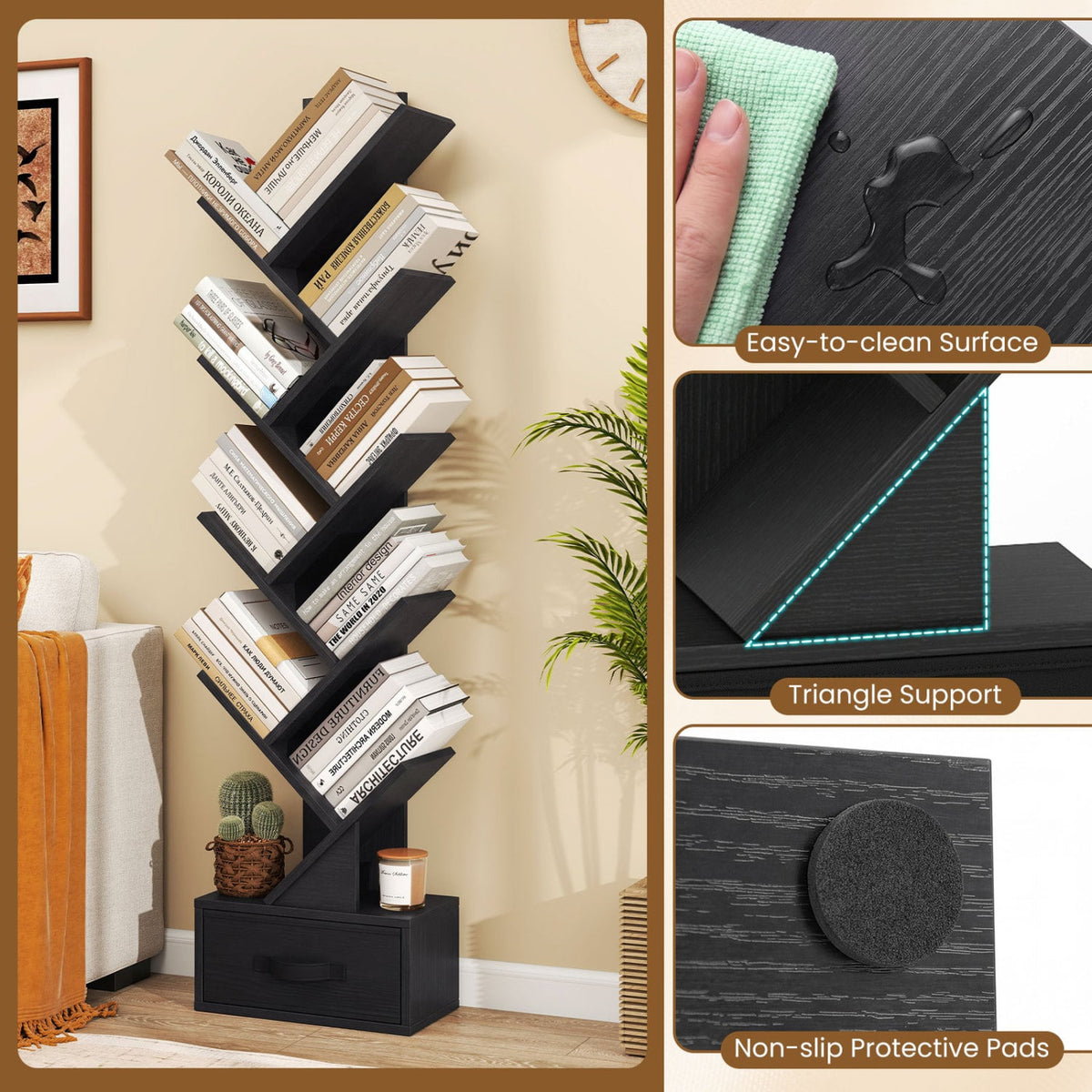 10-Tier Bookshelf With Drawer Storage Bookcase, Black Bookcases at Gallery Canada