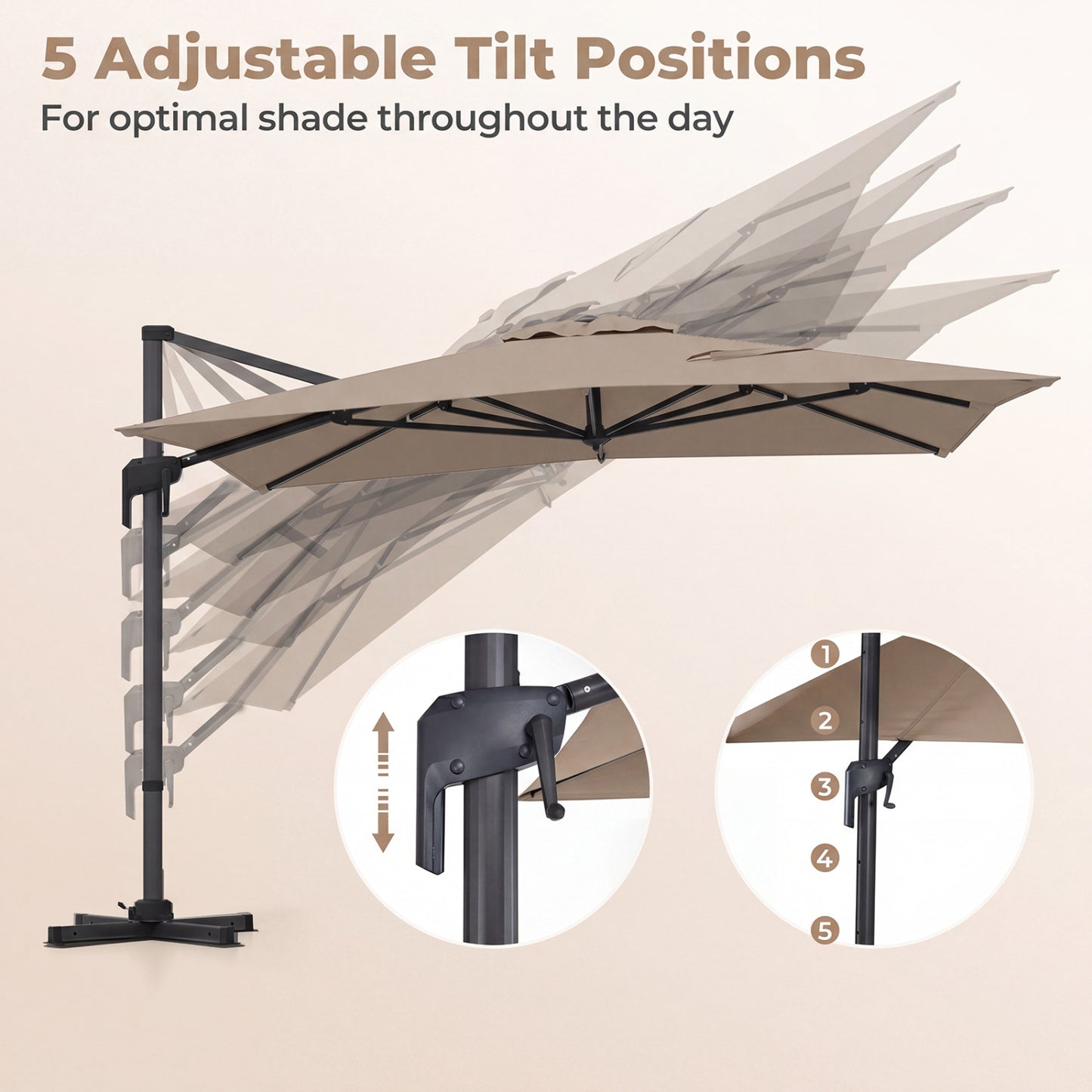 10x13 FT Cantilever Patio Umbrella, 360 Rotation, 5 Tilts, Brown
