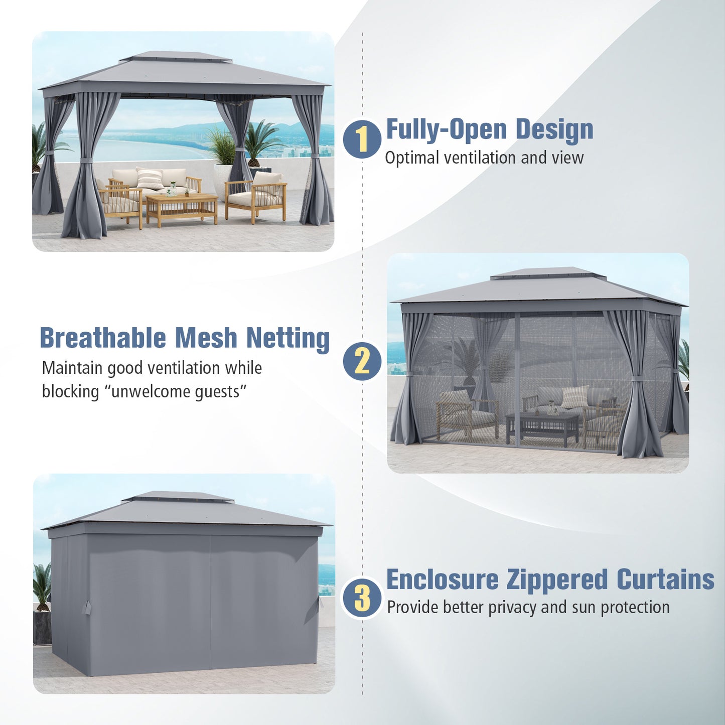 10 x 13 Feet Gazebo, Double Roof, Mesh Netting, Privacy Curtains, Gray Gazebos at Gallery Canada