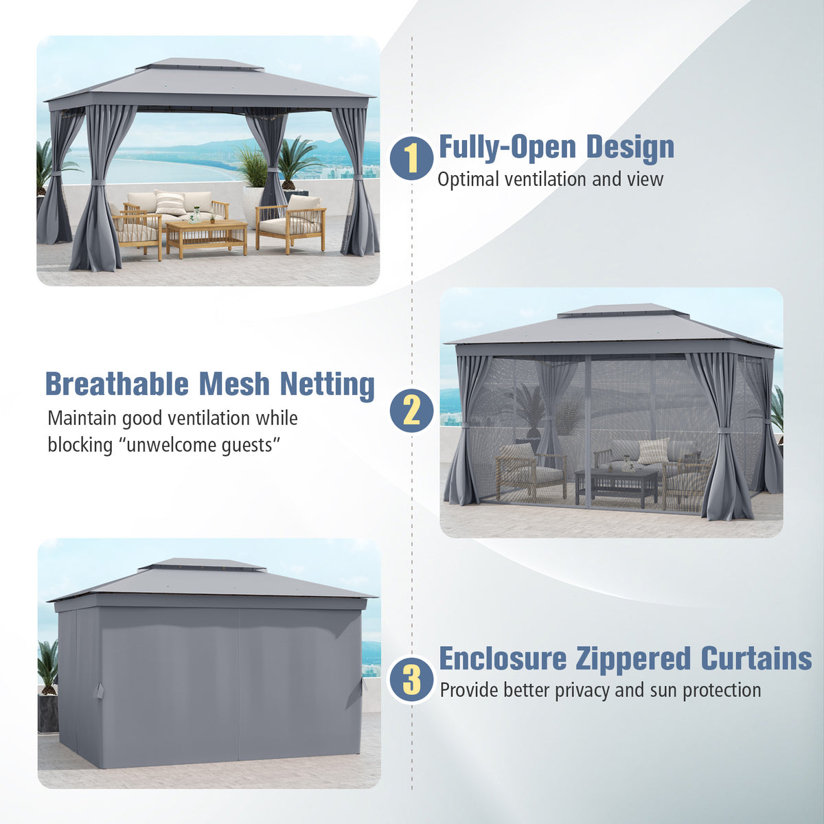 10 x 13 Feet Gazebo, Double Roof, Mesh Netting, Privacy Curtains, Gray Gazebos at Gallery Canada