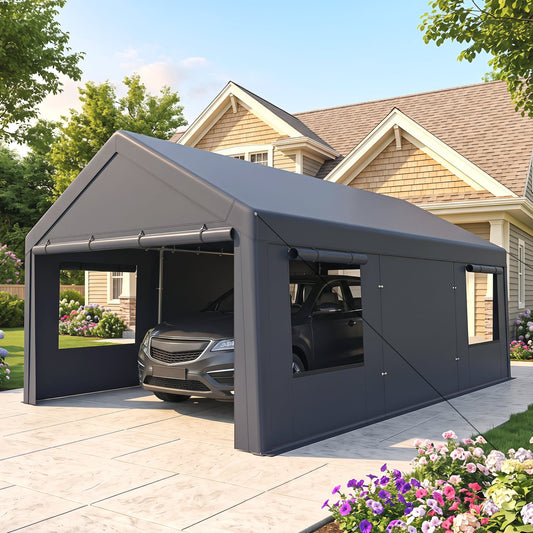 10x20 FT Portable Garage, 2 Doors & 4 Mesh Windows, Gray Garages Gray at Gallery Canada