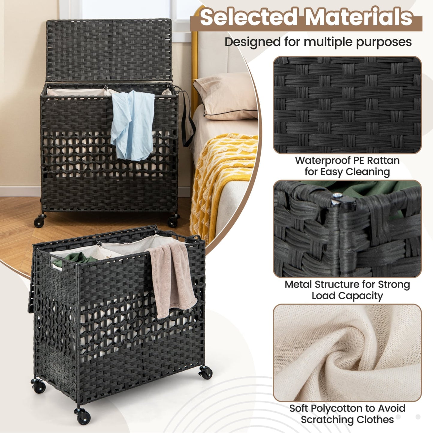 110L 2-Section Laundry Hamper, Removable Washable Liner Bags, Black Laundry Baskets at Gallery Canada