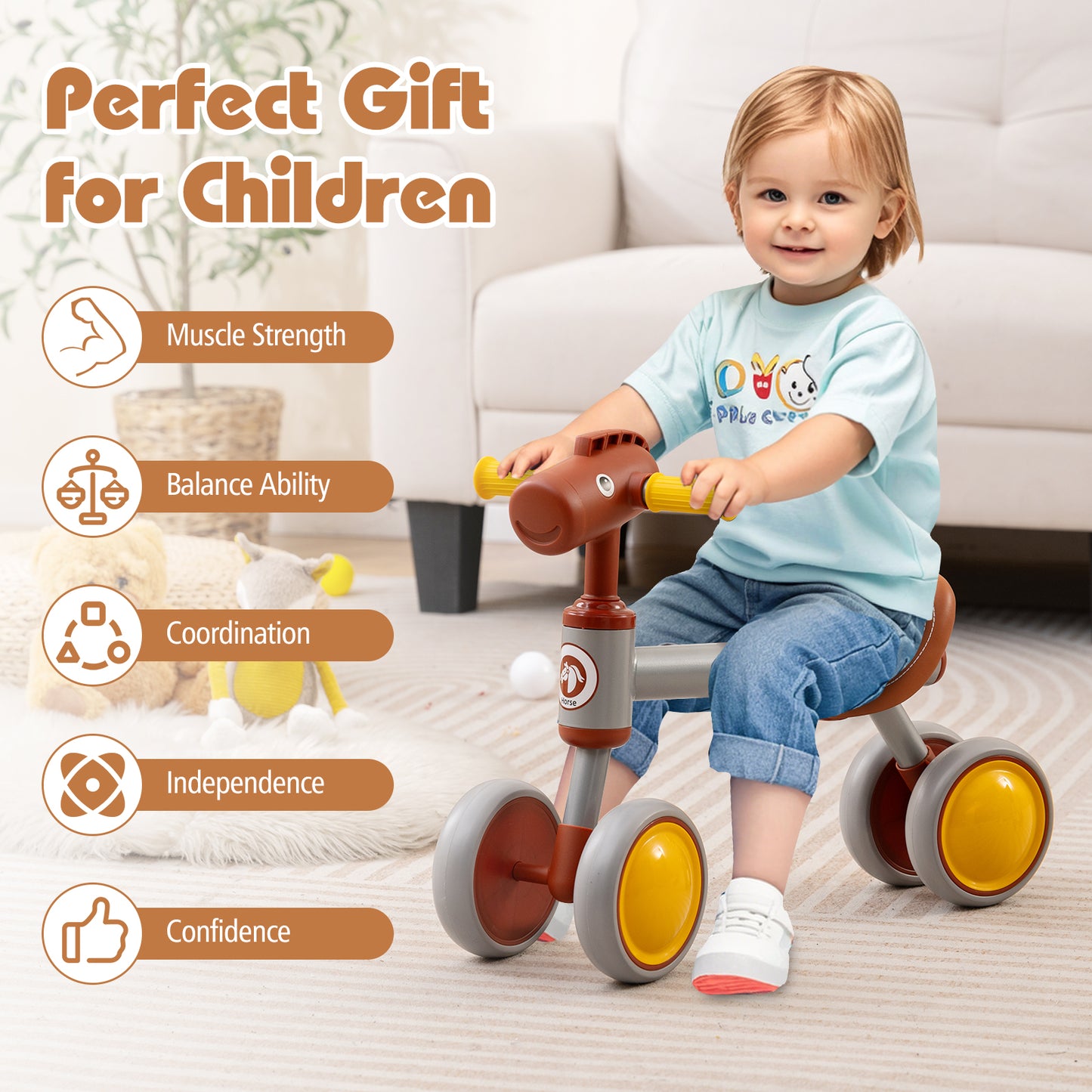 Baby Balance Bike, No Pedal, 4-Wheel Bicycle, Brown Balance Bikes at Gallery Canada
