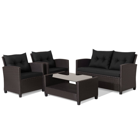 4 Piece Rattan Patio Furniture Set, Tempered Glass Coffee Table, Black