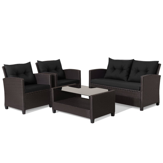 4 Pieces Patio Rattan Furniture Set with Tempered Glass Coffee Table, Black Patio Conversation Sets Black at Gallery Canada
